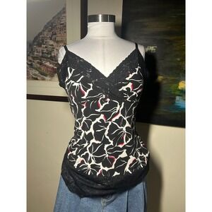 White House Black Market Black White Floral Lace Trim Camisole Top Medium